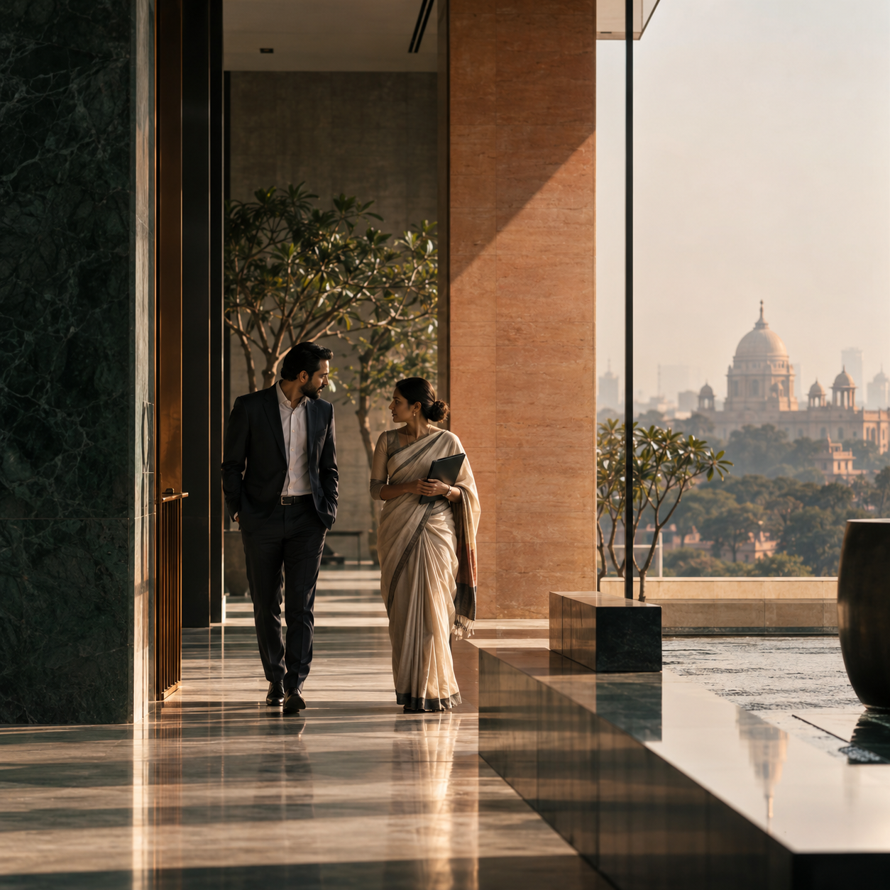 Editorial image of two professionals in conversation within a contemporary Indian architectural setting